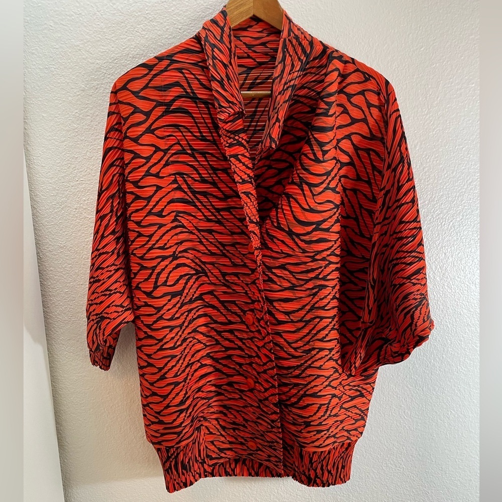 Vanite Couture Tiger Stripe Orange Designer Artsy Crinkle Button Blouse Size L